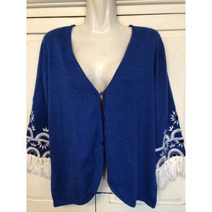 Bob Mackie Wearable Art Cardigan Sweater XS S Blue White Fringe Sleeves